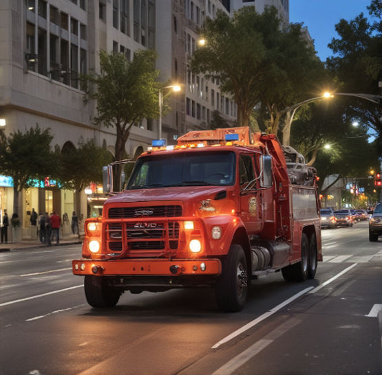 A tow truck with flashing lights navigating through downtown San Jose's busy streets.